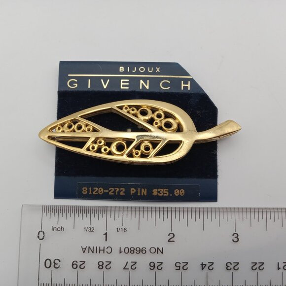 Givenchy Bijoux Vintage Modernist Pin Brooch Leaf Brushed Gold Chunky Signed 80s - Picture 8 of 14